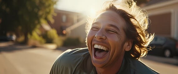 Bright closeup of a cheerful garbageman laughing under the sun reflecting dedication and commitment to keeping the community clean and vibrant