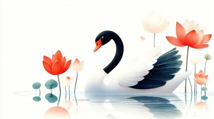 Naklejka premium Black-and-white Swan on Water with Red-and-White Flowers