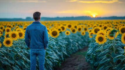 Fototapeta premium Contemplative figure admiring a vast field of sunflowers under a vibrant sunset sky.
