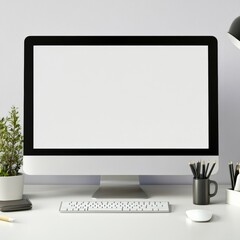 Desktop computer screen mockup on an office desk with a clean white background, ideal for digital