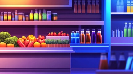 Fototapeta premium Colorful grocery store shelf filled with fresh produce and beverages, vibrant lighting enhances atmosphere