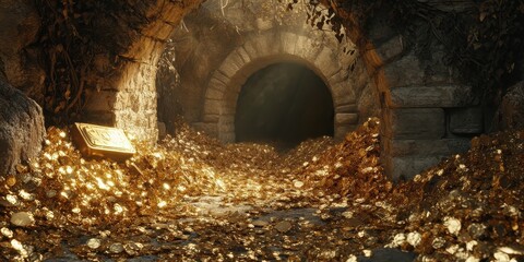 Tunnel entrance filled with glittering gold coins and a box
