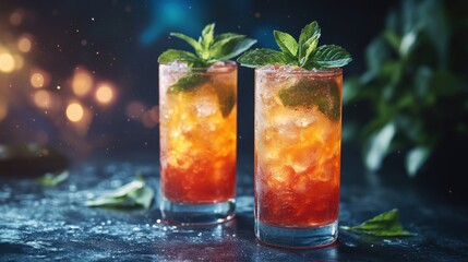 Refreshing cocktails with mint leaves served in glasses, glowing background with bokeh lights