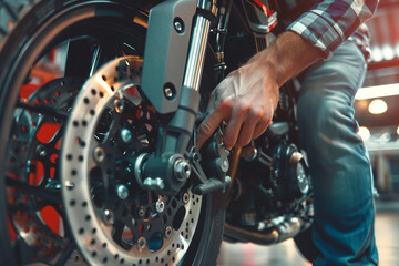 Man carefully inspecting bicycle brakes for safety isolated on transparent background