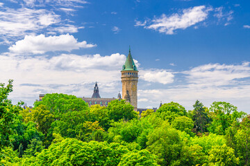 Luxembourg City historical centre with Tower of State Bank and Savings Bank Spuerkeess Banque et...