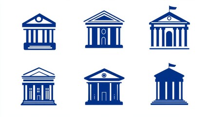 Fototapeta premium Bank icon set featuring financial federal bank building designs - A collection of six distinct bank icons representing financial institutions with classic architecture, stability, authority, trust