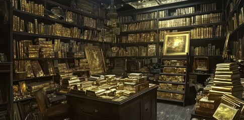 Obraz premium A library filled with books and boxes covered in gold