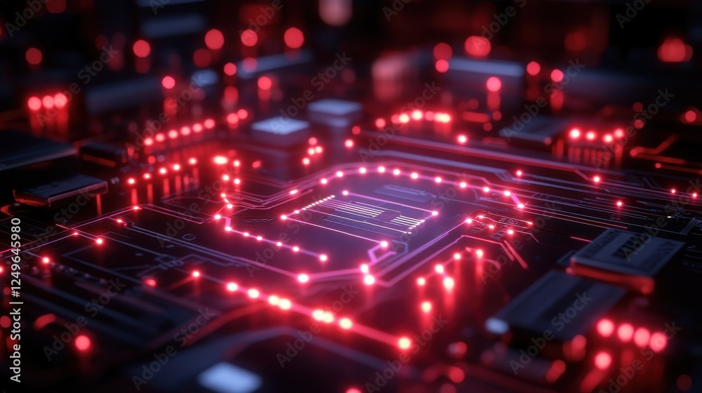 Poster red glowing circuit board, data processing, technology background, digital future