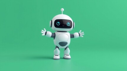 A cute robot wants to hug, standing on green background.