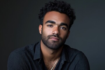 Fototapeta premium Portrait of a Young Man with Curly Hair Against a Dark Background