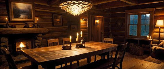 Obraz premium An inviting oil painting of a rustic wooden table elegantly set within a cozy cabin offering warmth and comfort amid natures beauty