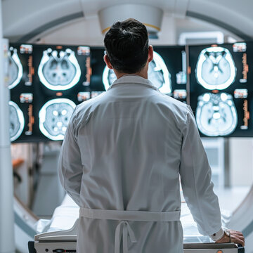 View from the back of a serious doctor examining the results of an MRI. A male specialist working in a hospital examines a patient's x-ray. Medicine and hospital concept.