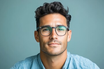 Obraz premium Confident Young Man with Glasses Against a Soft Blue Background