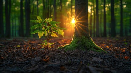 Sunrise forest sapling growth nature background