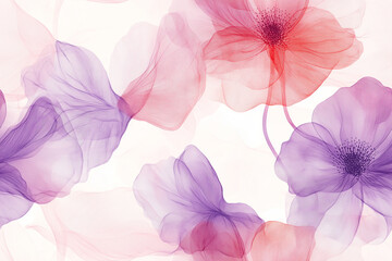 Minimalist floral seamless pattern with delicate flowers and leaves in soft pastels. Watercolor textures create a tranquil, organic feel, perfect for various design applications.