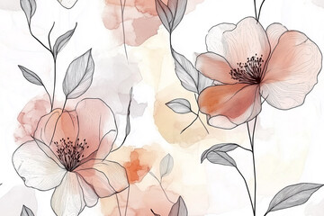 Minimalist floral seamless pattern with delicate line-drawn flowers and leaves in soft pastels. Watercolor textures create a tranquil, organic feel.
