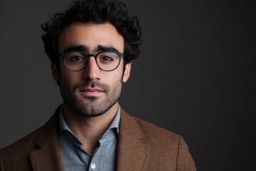Obraz premium Confident Young Man in Stylish Attire with Glasses Against Dark Background