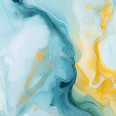 Fototapeta premium Abstract fluid art painting with swirling shades of blue, yellow, and white. A dynamic and organic composition with soft gradients and flowing textures resembling marble or water