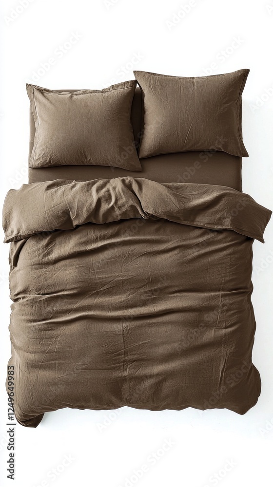 Poster a cozy arrangement of a solid brown duvet cover folded neatly with two pillows resting above it. the