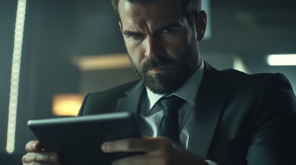 Fototapeta premium Confident man with stubble organizing his agenda on a tablet, generative ai