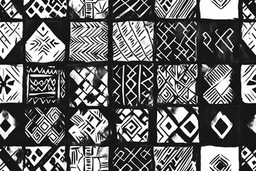 Monochrome African seamless pattern with intricate geometric shapes and tribal motifs.Design with watercolor textures