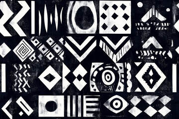 Monochrome African seamless pattern with intricate geometric shapes and tribal motifs.Design with watercolor textures