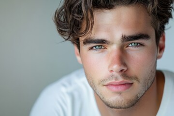 Obraz premium Close-Up Portrait of a Young Man with Striking Blue Eyes and Stylish Hair