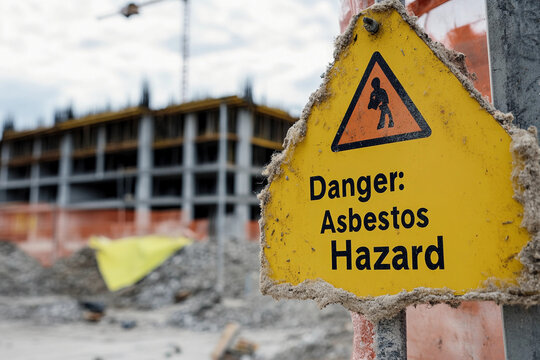 Asbestos Sign. Asbestos warning sign , Asbestos Hazard Signage Amidst Deteriorating Building Materials