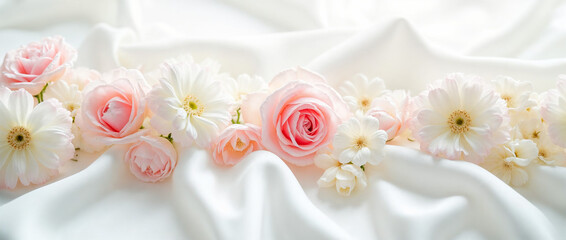 Elegant white silk fabric with of delicate flowers creating a soft, serene background texture.