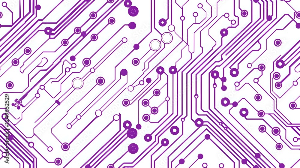 Poster purple circuit board pattern with electronic pathways and connection points on white background, sea