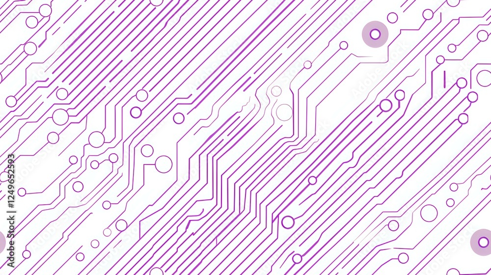 Poster pink circuit board pattern with diagonal electronic pathways and connection nodes on white backgroun