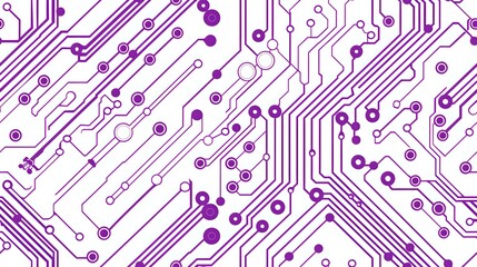 Purple circuit board pattern with electronic pathways and connection points on white background, seamless technology design for tech and engineering projects.