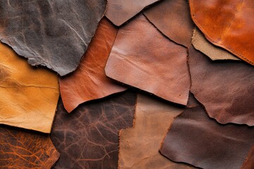 Detailed view of aged leather showcasing texture and color variations - A vibrant collection of aged leather pieces highlighting warm tones and unique textures symbolizing craftsmanship, durability