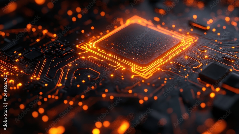Poster glowing cpu on circuit board, technology background