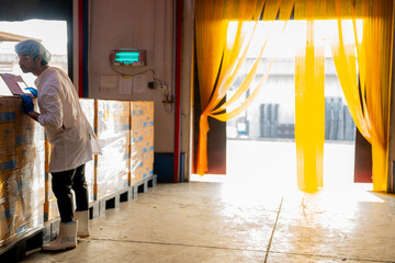 Inspector with clipboard supervising palletized goods in a storage facility Emphasis on quality...