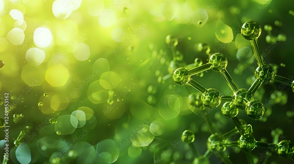Poster molecular structure floating in green bokeh background with glowing particles and depth of field eff