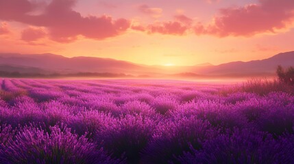 lawenda, pole lawendy, wschód słońca, złota godzina, fioletowe kwiaty, natura, krajobraz, spokojny poranek, aromaterapia, fotografia plenerowa, delikatność, minimalizm, naturalne piękno, kwiatowa harm