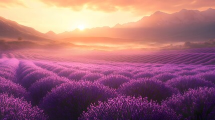 Naklejka premium lawenda, pole lawendy, wschód słońca, złota godzina, fioletowe kwiaty, natura, krajobraz, spokojny poranek, aromaterapia, fotografia plenerowa, delikatność, minimalizm, naturalne piękno, kwiatowa harm