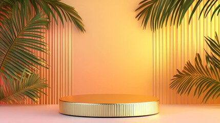 Obraz premium Elegant 3D Gold Podium with Tropical Greenery and Soft Background - A stunning gold podium surrounded by vibrant tropical leaves against a warm gradient background symbolizing luxury celebration showc