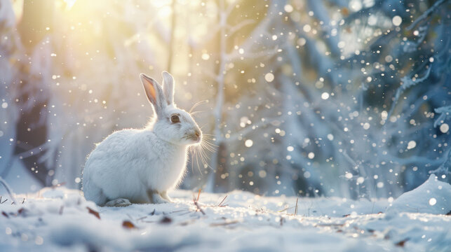 White hare on the background of a winter, snowy forest with bokeh and copy space. Wild animals in winter. Christmas card.