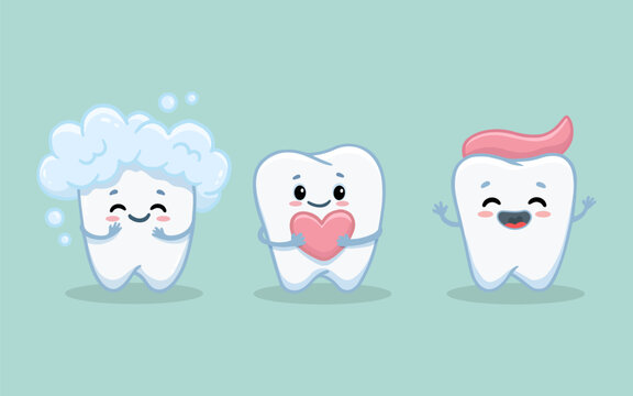 Cute cartoon teeth on a blue background. Funny tooth with tooth paste, heart and tooth in a foam cloud. Flat style. Vector illustration
