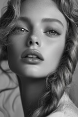 Fototapeta premium Black and White Editorial Fashion Magazine Photo – Beauty Portrait of a Glamorous Woman with a Thick Braid
