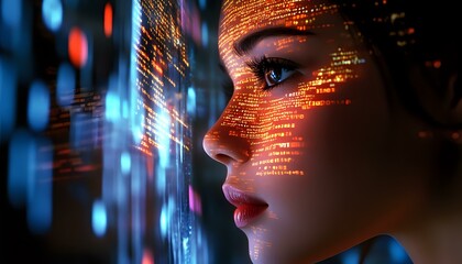 Female profile illuminated by digital code projections with glowing blue and orange lights creating futuristic cyberpunk atmosphere for technology concepts.