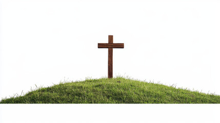 easter sunrise service. Wooden cross standing alone on hilltop surrounded by grass