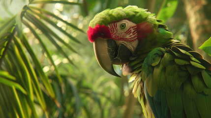 Wild green macaw parrot, wildlife ararauna bird face, tropical exotic life.
