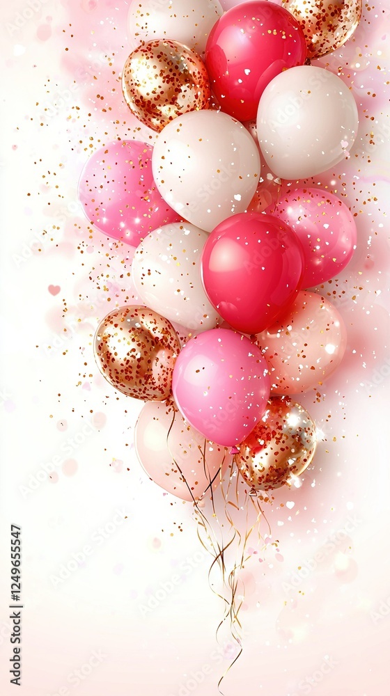 Wall mural  Gold and pink confetti adorn floating balloons with streamers