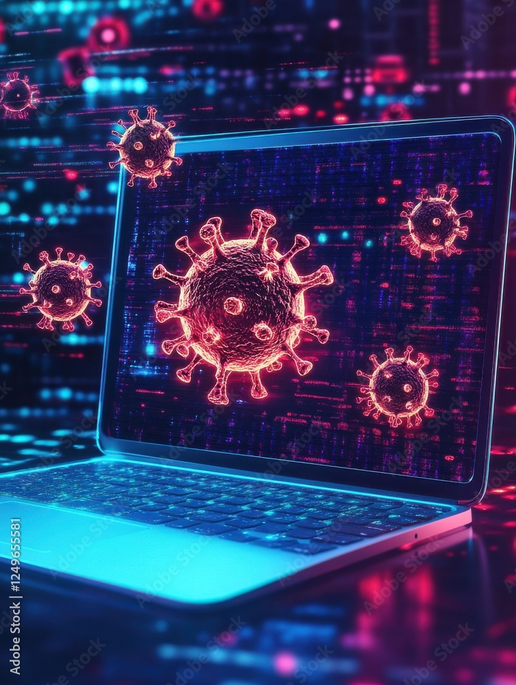Poster laptop virus alert. malware trojan notification on computer screen. hacker attack and insecure inter