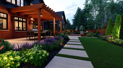 Obraz premium Beautiful backyard garden with patio seating, vibrant flower, and serene landscaping at dusk