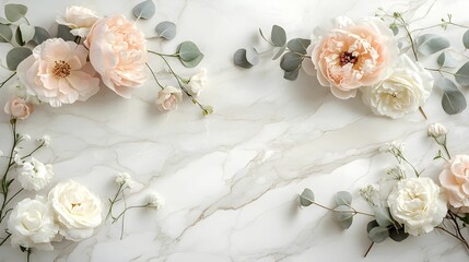 flat lay, kwiaty, kompozycja, białe tło, marmurowe tło, pastelowe kolory, estetyka, peonie, róże, eukaliptus, nowoczesny design, czysta kompozycja, minimalizm, elegancja, subtelność, fotografia stocko