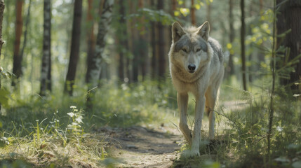 Fototapeta premium Wolf and forest. The concept of protecting wildlife and green planet.
